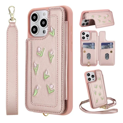 For iPhone 16 Pro Case Embroidered Tulips PU Leather Card Holder Back Cover with Shoulder Strap / Wrist Strap - Pink