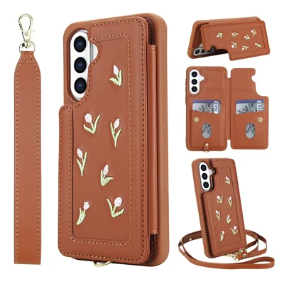 For Samsung Galaxy S24 FE Case Embroidered Tulips PU Leather Card Holder Back Cover with Shoulder Strap / Wrist Strap - Brown