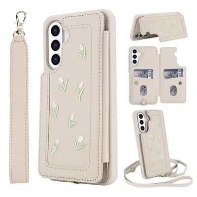 For Samsung Galaxy A16 4G / 5G Case Embroidered Tulips PU Leather Card Holder Back Cover with Shoulder Strap / Wrist Strap - Beige