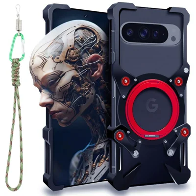 Bumper Case For Google Pixel 10 / 10 Pro / 9 / 9 Pro Kickstand Aluminum Alloy Magnetic Phone Cover with Wrist Strap - Black