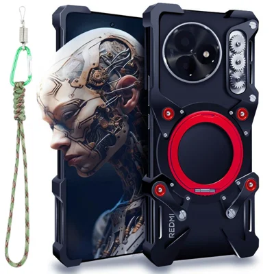For Xiaomi Redmi K80 Ultra 5G Bumper Case Kickstand Aluminum Alloy Magnetic Phone Cover with Wrist Strap - Black