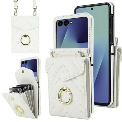 For Samsung Galaxy Z Flip7 5G Case RFID Blocking PU Leather + TPU Phone Cover with Shoulder Strap - White