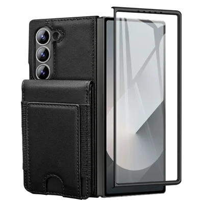 For Samsung Galaxy Z Fold5 5G Case Card Bag Kickstand Leather + PC Phone Cover with HD Screen Protector - Black