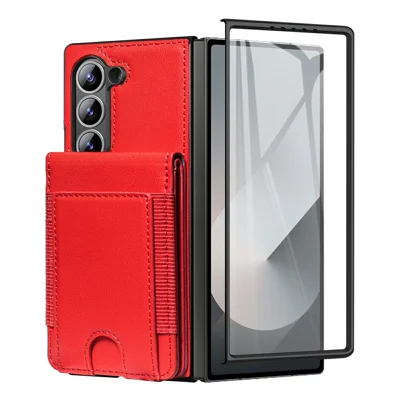 For Samsung Galaxy Z Fold5 5G Case Card Bag Kickstand Leather + PC Phone Cover with HD Screen Protector - Red