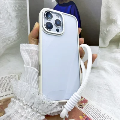 For iPhone 16 Pro Max Case Skin-Touch TPU + PC Clear Phone Back Cover with Wrist Strap - Antique White