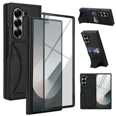 For Samsung Galaxy Z Fold5 5G Case Kickstand Leather + PC Folding Phone Cover with HD Screen Protector - Black