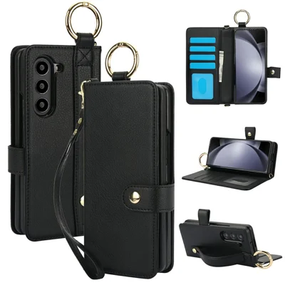 For Samsung Galaxy Z Fold5 5G Case Wrist Band Kickstand PU Leather Wallet Phone Cover with Shoulder Strap - Black