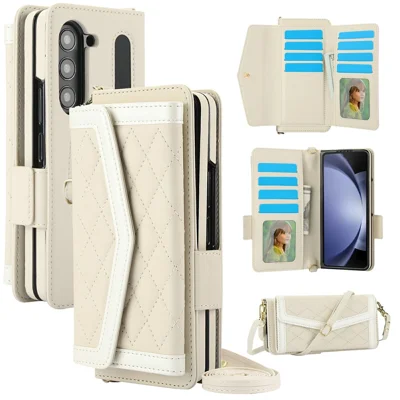 For Samsung Galaxy Z Fold6 5G Case Quilted Design PU Leather Wallet Phone Cover with Shoulder Strap - Beige