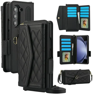 For Samsung Galaxy Z Fold5 5G Case Quilted Design PU Leather Wallet Phone Cover with Shoulder Strap - Black