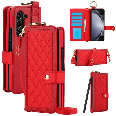 For Samsung Galaxy Z Fold5 5G Case Quilted Design Ring Holder Leather Wallet Phone Cover with Shoulder Strap - Red