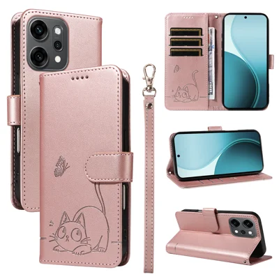 For Oppo Reno14 5G (China) / Oppo Reno14 F 5G / Oppo Reno14 5G (Global) Case Cat Pattern Imprint Leather Phone Cover with Wrist Strap - Rose Gold