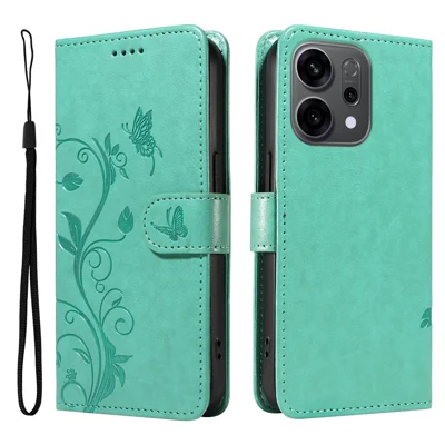 For Oppo Reno14 5G (China) / Oppo Reno14 F 5G / Oppo Reno14 5G (Global) PU Leather Cases Flower Pattern Wallet Stand Phone Cover with Strap - Green