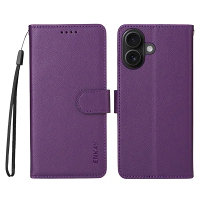 ENKAY HAT PRINCE til iPhone 17 Wallet-case med rem, RFID-blokerende læderdæksel med stand - Lilla