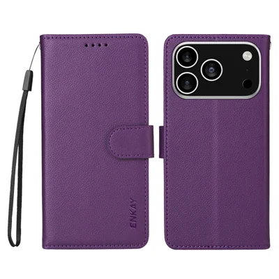 ENKAY HAT PRINCE til iPhone 17 Pro Wallet-case med rem, RFID-blokerende læderdæksel med stand - Lilla