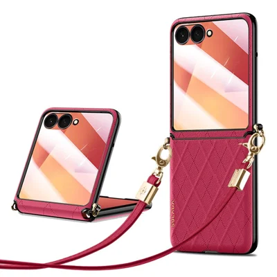 SULADA For Samsung Galaxy Z Flip7 5G Case Rhombus Leather+PC Phone Cover with Shoulder Strap - Red