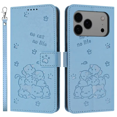 For iPhone 18 Pro Max / 17 Pro Max Wallet Case Cats Imprint Leather Phone Cover with Strap - Blue