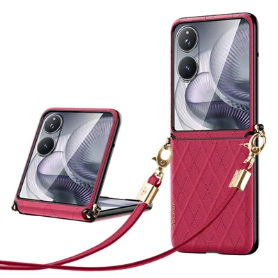 SULADA For Xiaomi Mix Flip 2 Case Rhombus Leather+PC Phone Cover with Shoulder Strap - Red