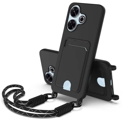 For Xiaomi Redmi 13 5G / Xiaomi Redmi Note 13R 5G / Xiaomi Poco M6 4G / Xiaomi Poco M6 Plus 5G / Xiaomi Redmi 13 4G Liquid Silicone Case  Phone Back Cover with Card Holder and Short Strap - Black
