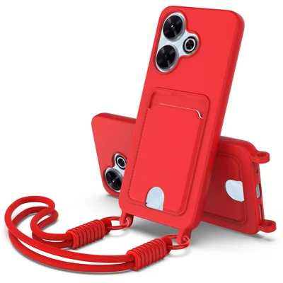 For Xiaomi Redmi 13 5G / Xiaomi Redmi Note 13R 5G / Xiaomi Poco M6 4G / Xiaomi Poco M6 Plus 5G / Xiaomi Redmi 13 4G Liquid Silicone Case  Phone Back Cover with Card Holder and Short Strap - Red