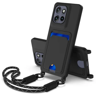 For Motorola Edge 60 Neo 5G / Edge 50 Neo 5G / Moto S50 5G / ThinkPhone 25 5G Liquid Silicone Case  Phone Back Cover with Card Holder and Short Strap - Black