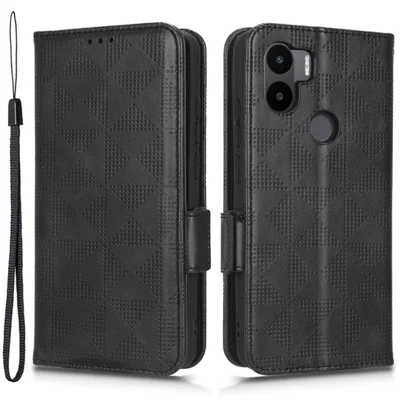 Custodia in pelle sintetica con motivo a triangolo stampato per Xiaomi Redmi A1+ 4G / A2+ 4G / Poco C50 4G, con supporto e protezione integrale, copertura portafoglio per telefono con tracollina da polso - Nero