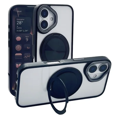 For iPhone 16 Plus Magnetic Case Acrylic TPU Phone Back Cover with Kickstand - Black