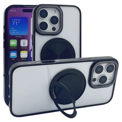 For iPhone 15 Pro Max Magnetic Case Acrylic TPU Phone Back Cover with Kickstand - Black