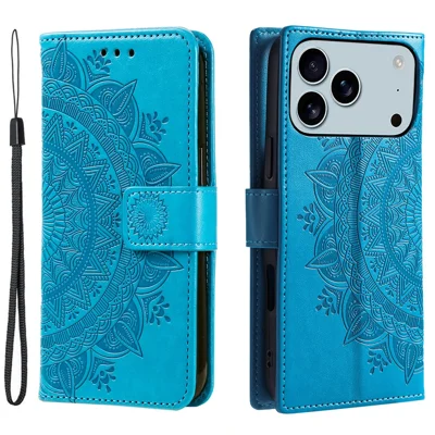 For iPhone 18 Pro Max / 17 Pro Max Stand Case Imprinted Totem PU Leather Wallet Phone Cover with Wrist Strap - Blue