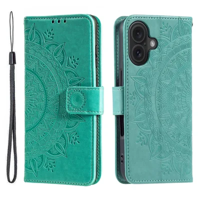 For iPhone 17 Stand Case Imprinted Totem PU Leather Wallet Phone Cover with Wrist Strap - Mint Green