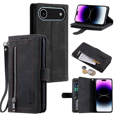 For iPhone Air Case 9 Card Slots Zipper Wallet PU Leather Phone Cover with Wrist Strap - Black