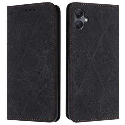 For Samsung Galaxy A08 5G / A07 4G Case Imprinted Flower Wallet Stand Leather Phone Cover - Black