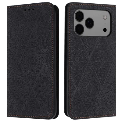 For iPhone 18 Pro Max / 17 Pro Max Case Imprinted Flower Wallet Stand Leather Phone Cover - Black