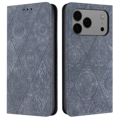 For iPhone 18 Pro Max / 17 Pro Max Case Imprinted Flower Wallet Stand Leather Phone Cover - Grey