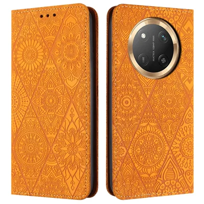 Portefeuillehoes voor Honor X60 Pro 5G / X9c 5G / Magic7 Lite 5G met ingebrande bloemenstand en lederen telefoonhoes - Geel