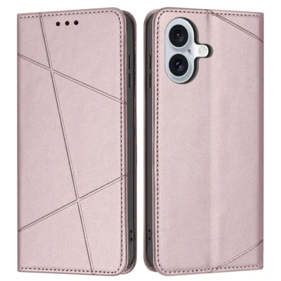 For iPhone 17 Wallet Case Line Imprinted Leather Stand Phone Cover with Wrist Strap - Rose Gold