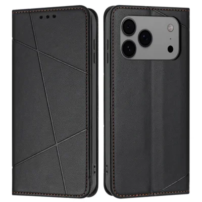 For iPhone 18 Pro / 17 Pro Wallet Case Line Imprinted Leather Stand Phone Cover with Wrist Strap - Black