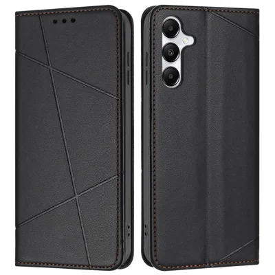 For Samsung Galaxy A15 4G / 5G Wallet Case Line Imprinted Leather Stand Phone Cover with Wrist Strap - Black