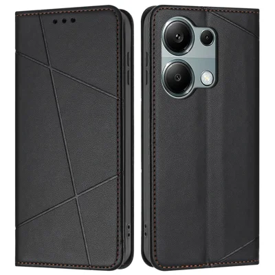 For Xiaomi Redmi Note 13 Pro 4G Wallet Case Line Imprinted Leather Stand Phone Cover with Wrist Strap - Black
