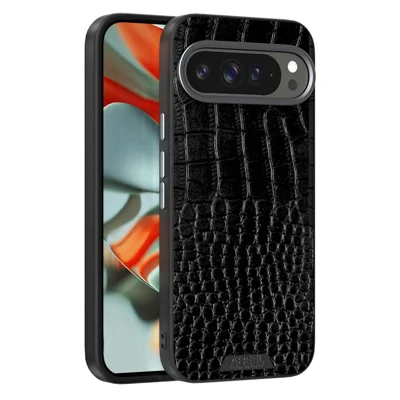 ABEEL For Google Pixel 9 Pro XL Magnetic Case Crocodile Texture Micro-Embossing Back Cover - Black