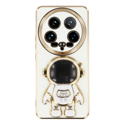 For Xiaomi 14 Ultra Case Electroplating Soft TPU Phone Cover with Astronaut Hidden Kickstand - White