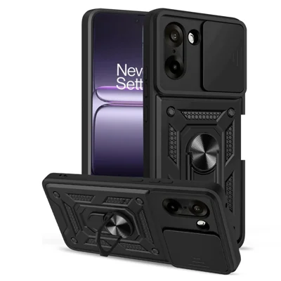 Voor OnePlus Nord CE5 5G / Ace 5 Racing 5G hoesje met schuifbare cameraafdekking PC + TPU staander telefoonhoes - Zwart