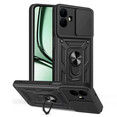 Zwart telefoonhoesje voor Samsung Galaxy A07 4G met schuifbare cameraafdekking, PC + TPU, met standaard