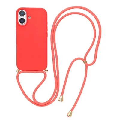For iPhone 17 Back Case Wheat Straw + TPU Shockproof Phone Cover with Adjustable Lanyard - Red