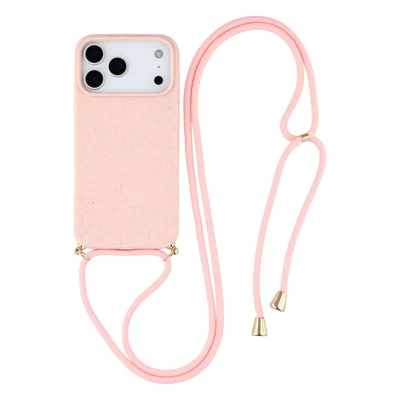 For iPhone 18 Pro / 17 Pro Back Case Wheat Straw + TPU Shockproof Phone Cover with Adjustable Lanyard - Pink