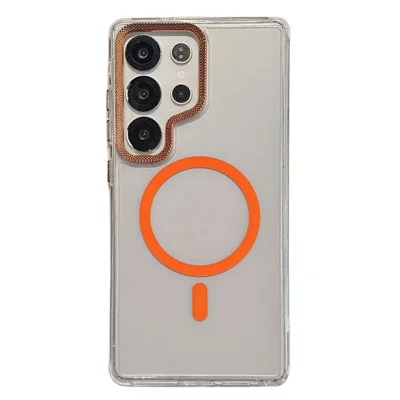 Voor Samsung Galaxy S23 Ultra hoesje compatibel met MagSafe PC + TPU transparant telefoonhoesje met diamantstructuur lensframe - Oranje