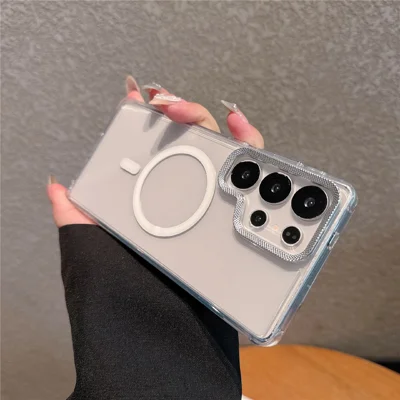 For Samsung Galaxy S23 Ultra Magnetic Case PC + TPU Clear Phone Cover with Diamond Texture Lens Frame - White