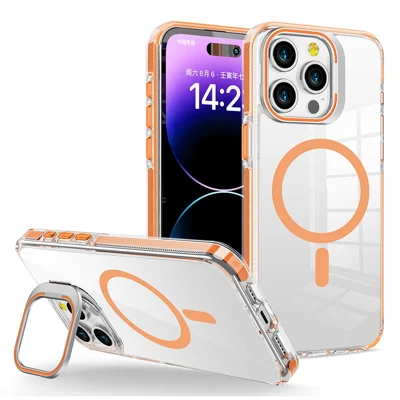 For iPhone 15 Pro Max Case Compatible with MagSafe TPU + PC Phone Cover with Lens Kickstand - Orange