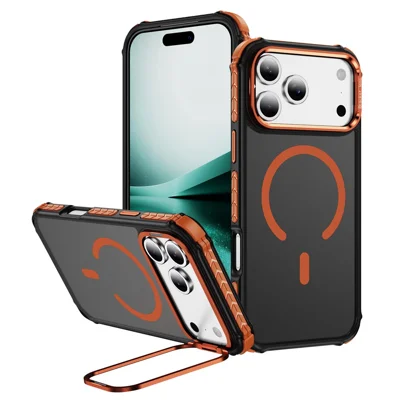 For iPhone 17 Pro Case med lenseklapstand, mat telefonbagdæksel, kompatibel med MagSafe - Orange
