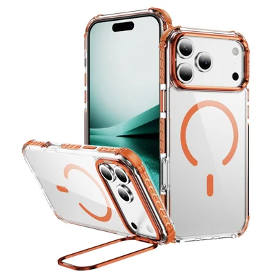 For iPhone 18 Pro Max / 17 Pro Max Clear Phone Case with Lens Kickstand Cover Compatible with MagSafe - Orange