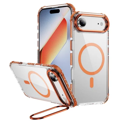 For iPhone Air Clear Phone Case met Lens Kickstand Cover compatibel met MagSafe - Oranje